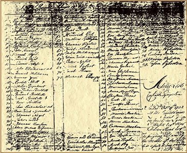Copy of the original Pink John and William Ships Manifest - Andreas Panshon is number 35, below Magdalena