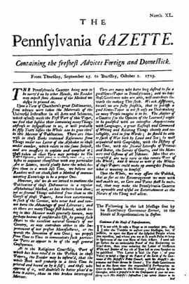Ben Franklin's Pennsylvania Gazette from 1729 - click for larger.