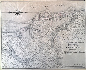 A Brunswick Map from
1769. Brunswick, along with Wilmington, were the two ports of entry for North Carolina.