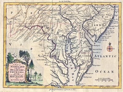 A 1757 map of the Atlantic Coast, showing parts of Pennsylvania, including Philadelphia, as well as, Maryland, Delaware, and New Jersey.