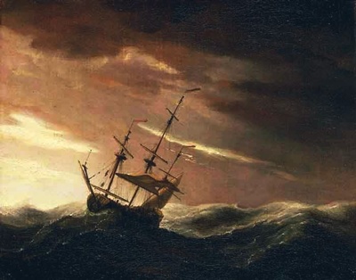 A painting of a ship tossed at sea